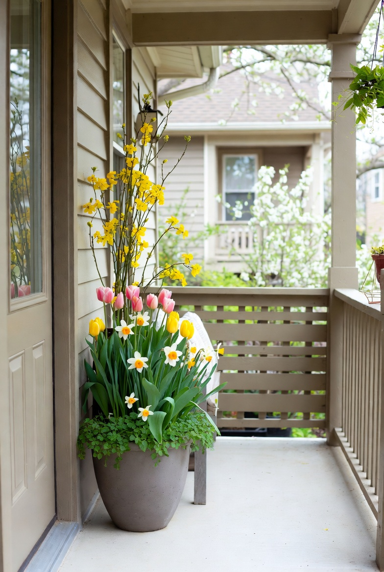 Small front porch with one tall statement planter featuring tulips, creating a vibrant and stylish spring focal point.”