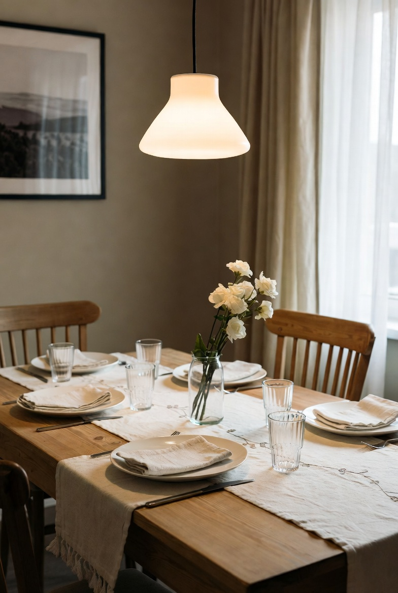 linen table runner in spring kitchen decor