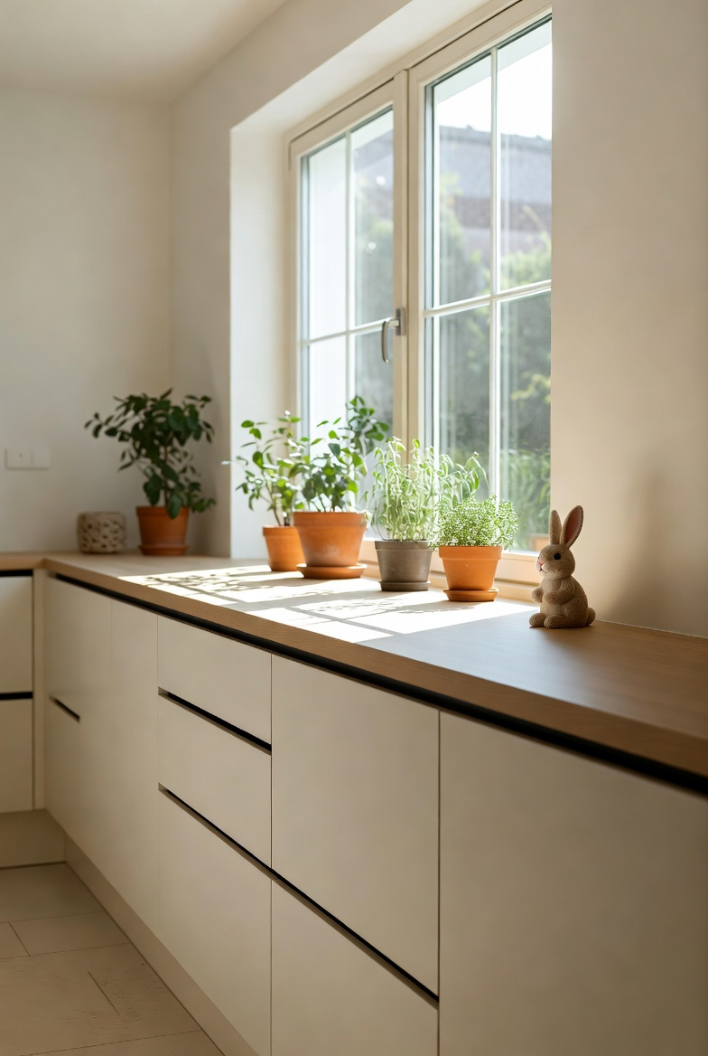 neutral bunny decor in spring kitchen
