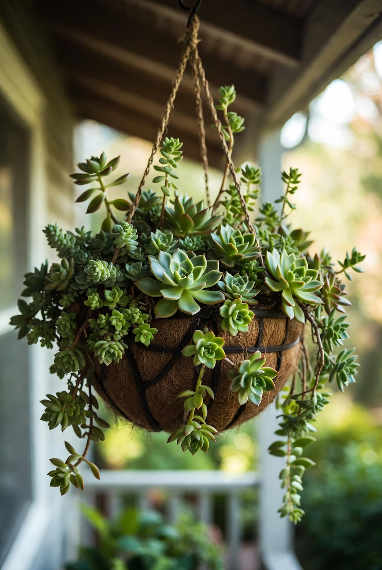 Succulent hanging basket decorating the porch