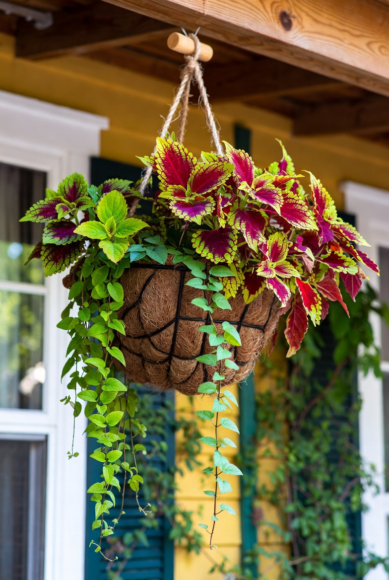 Tropical plant hanging basket on the porch
