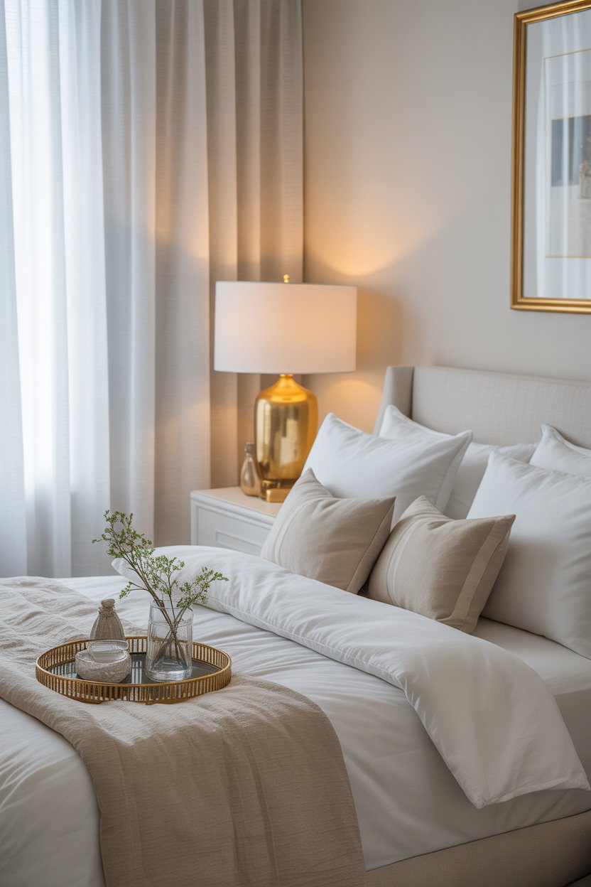 White and gold hotel chic guest bedroom with luxury white bedding and gold lamp accents