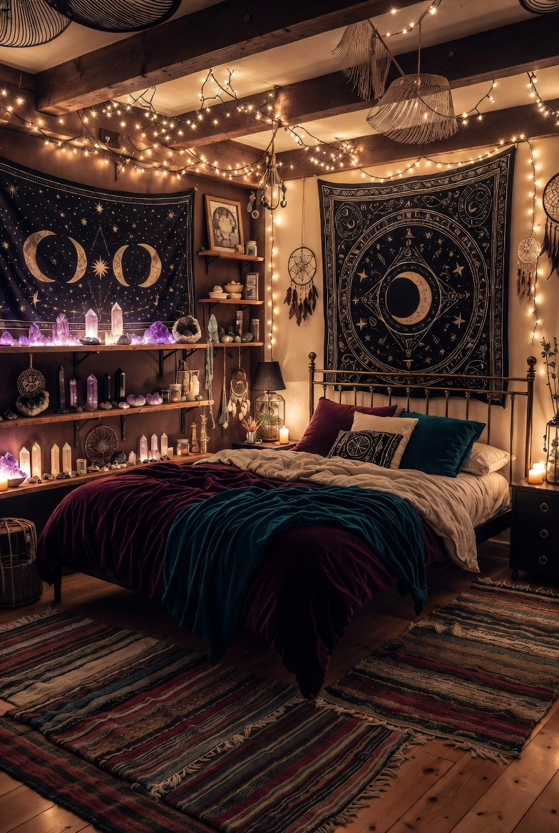 Cozy witchy bedroom with magical décor and ambient lighting
