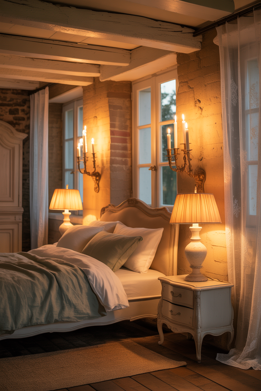 soft ambient lighting in a French country bedroom