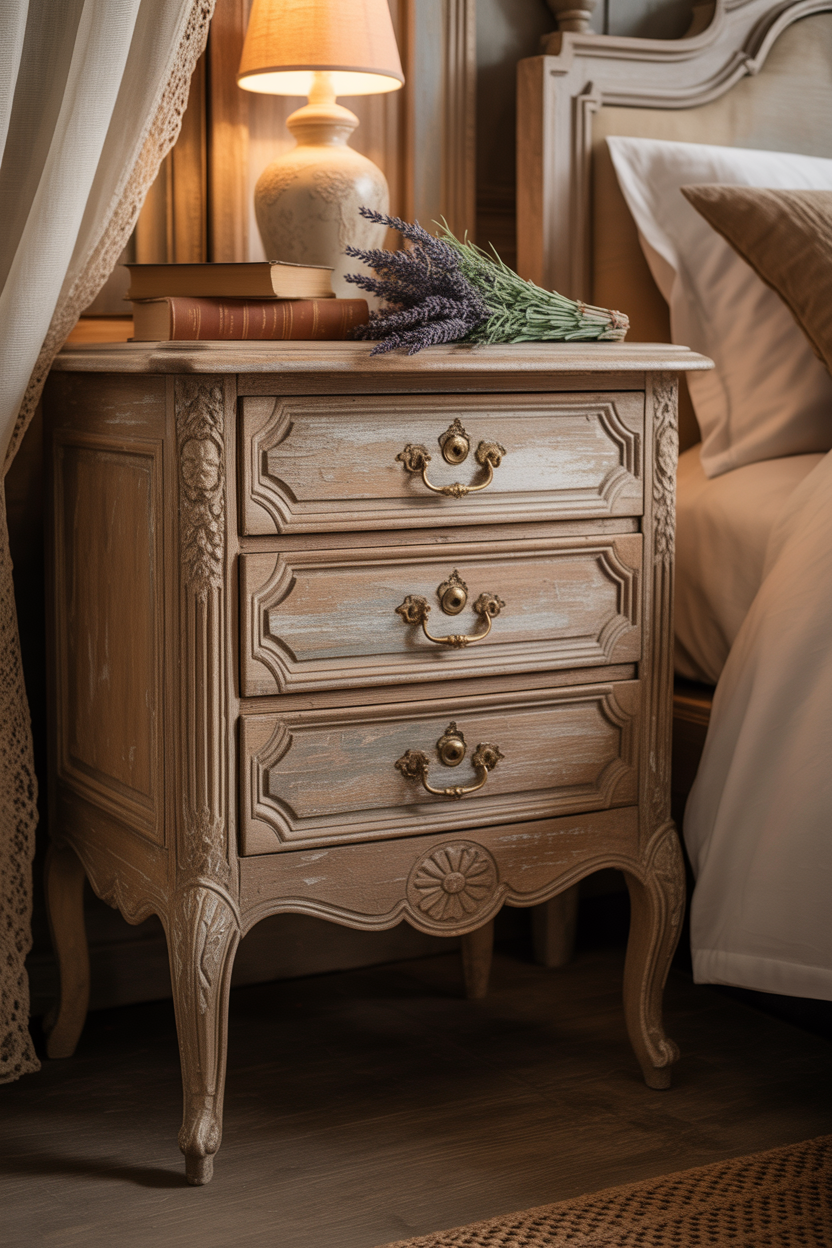 antique nightstand in French cottage bedroom