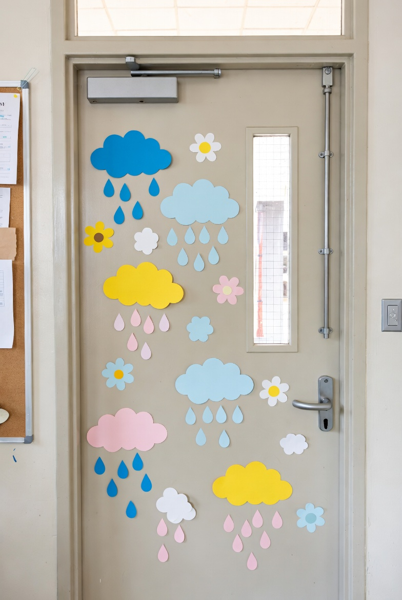 classroom door with clouds, raindrops, and flowers