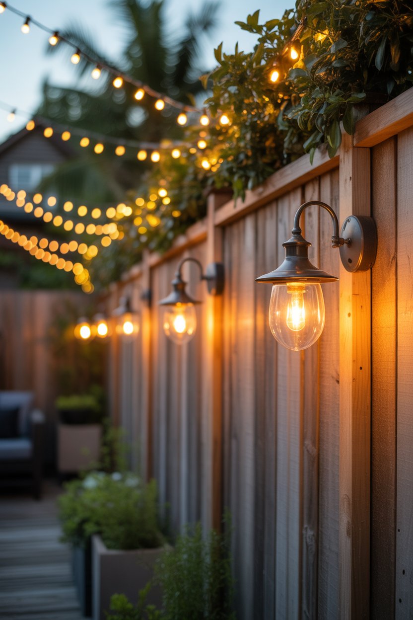 Backyard fence with wall sconces and string lights