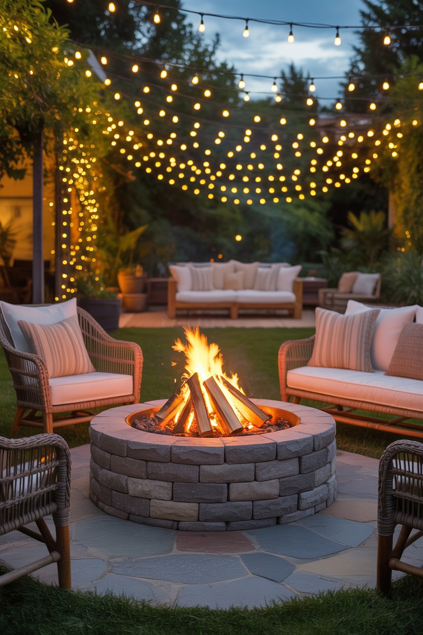 Backyard fire pit with surrounding seating and string lights