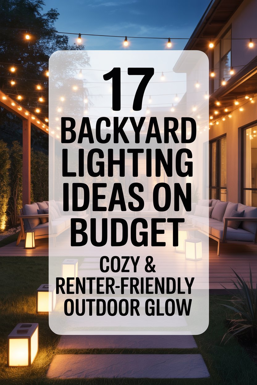 Backyard lighting ideas on a budget with string lights and solar pathway lights creating a cozy outdoor glow at night