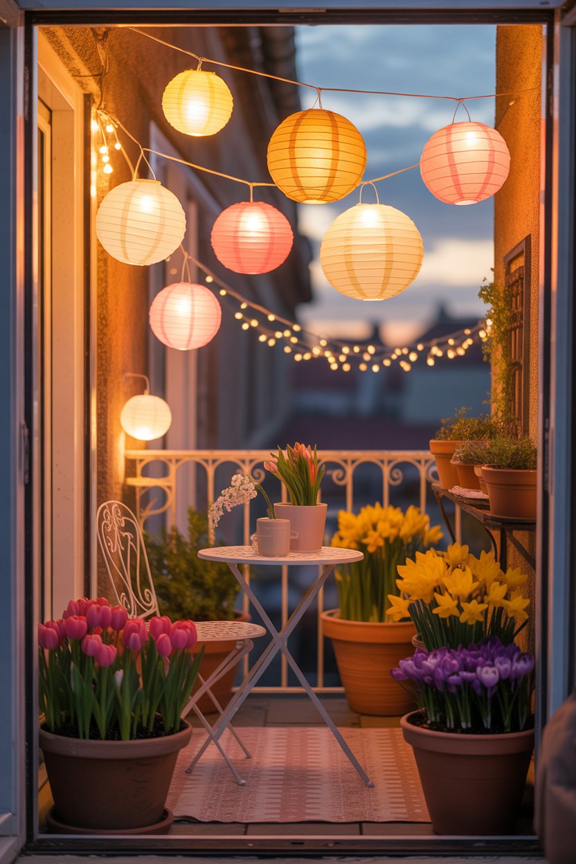 Balcony with glowing hanging lanterns creating a cozy spring vibe