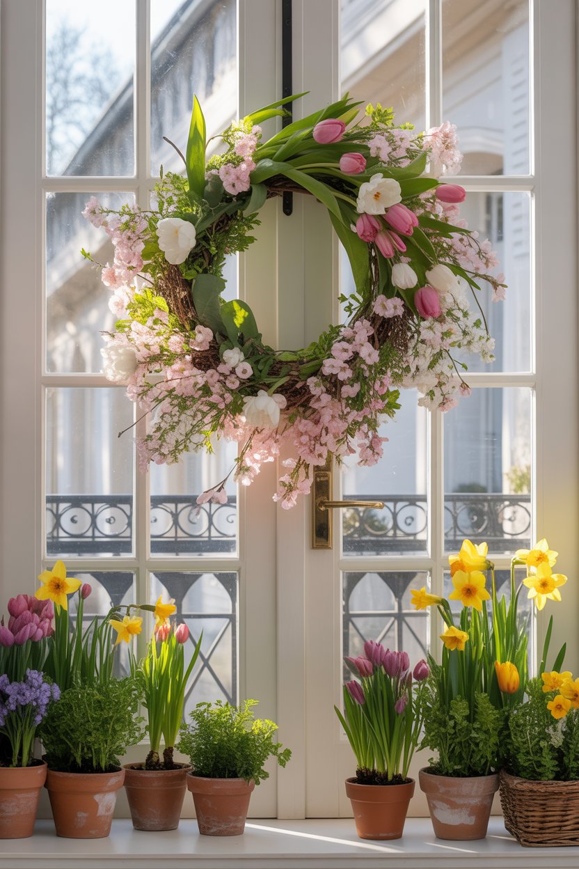 Balcony with a floral spring wreath on the door and potted plants