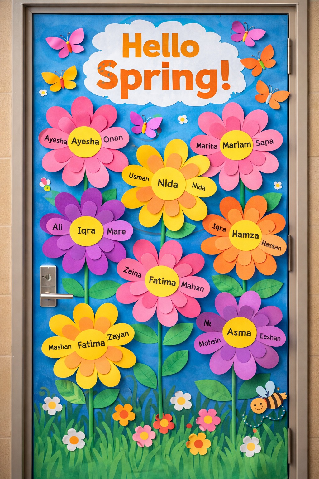 classroom door with flowers and the quote “Bloom Where You Are Planted