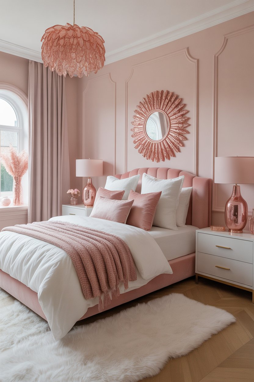 Blush pink and rose gold glam guest bedroom with feminine, dreamy decor and plush bedding