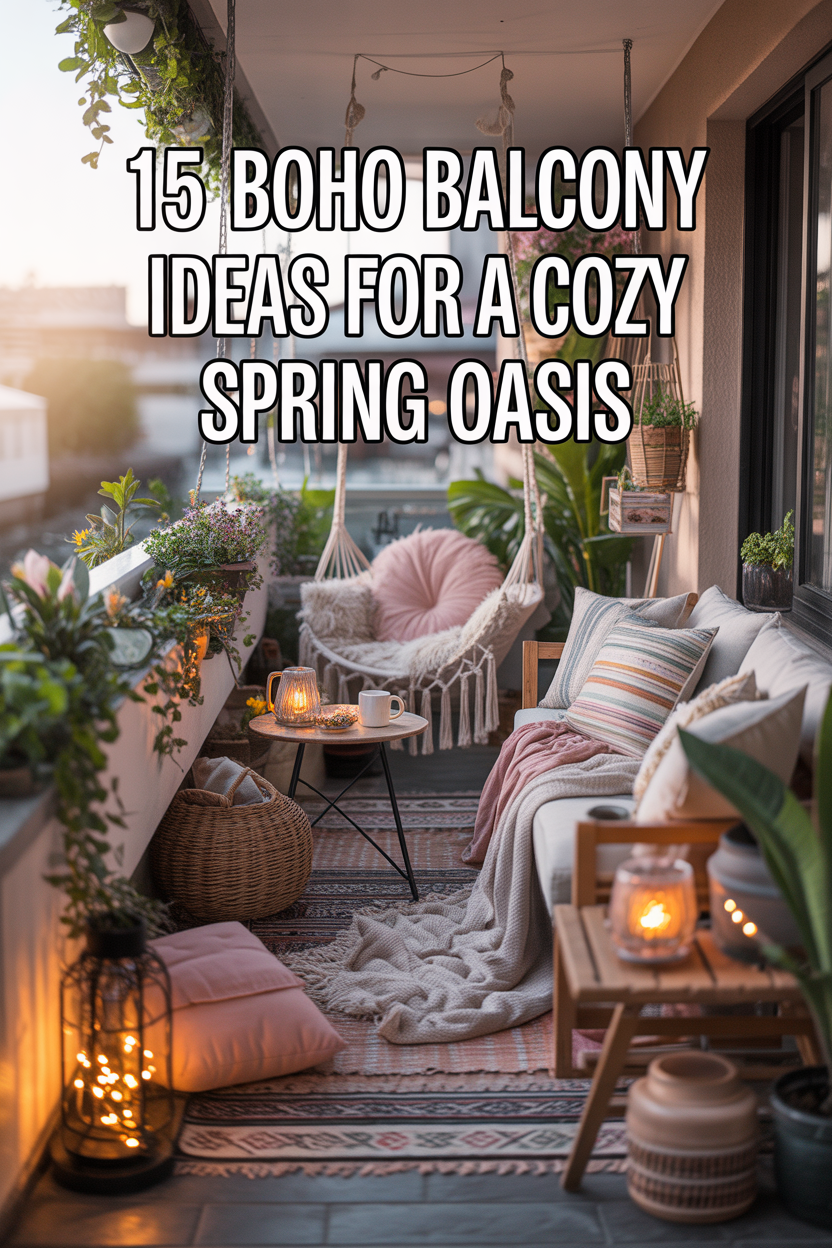 Cozy boho-style balcony decorated for spring with layered cushions, a macrame hanging chair, patterned rugs, green plants, and warm string lights creating a relaxing oasis.