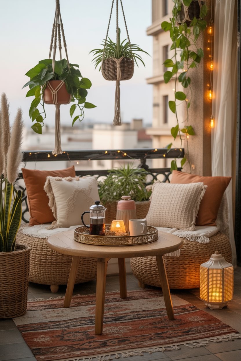 Cozy boho balcony coffee corner with pouf and tray