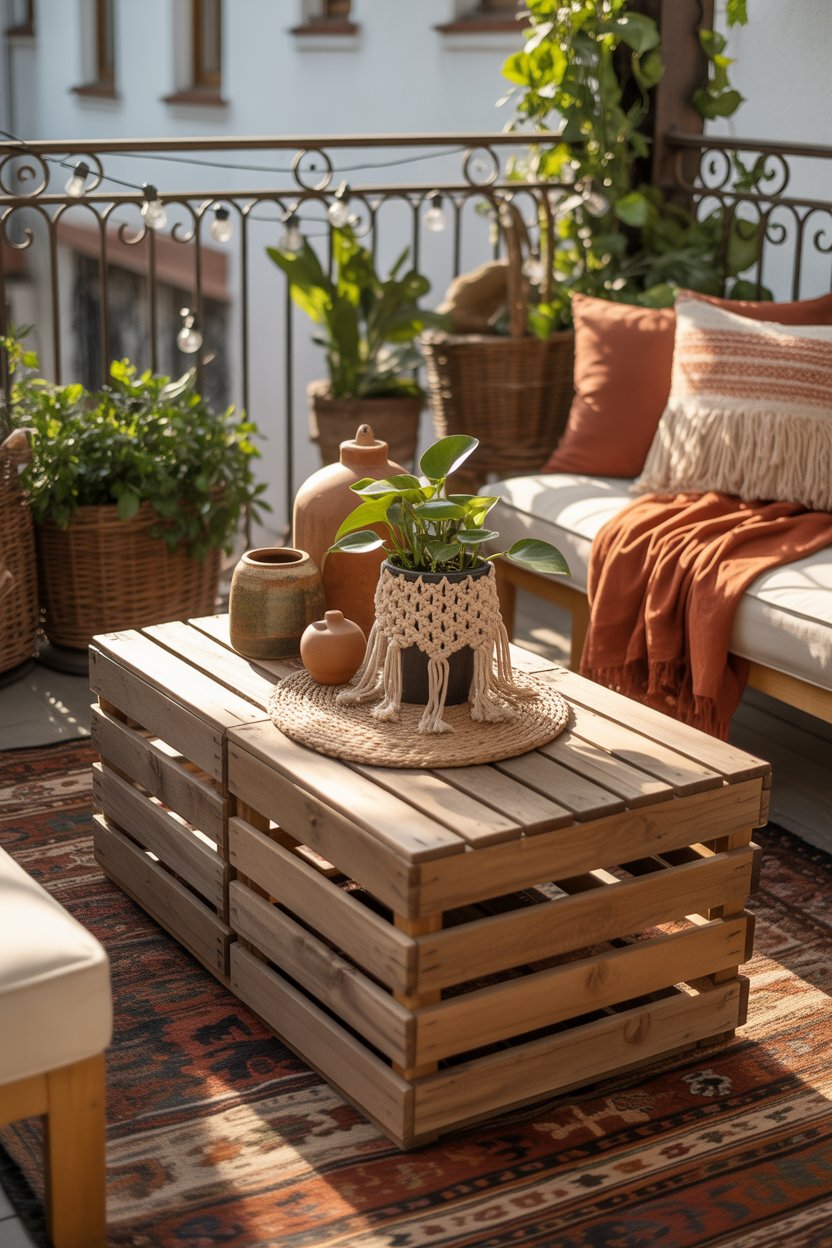 DIY small table on boho balcony with plant accents