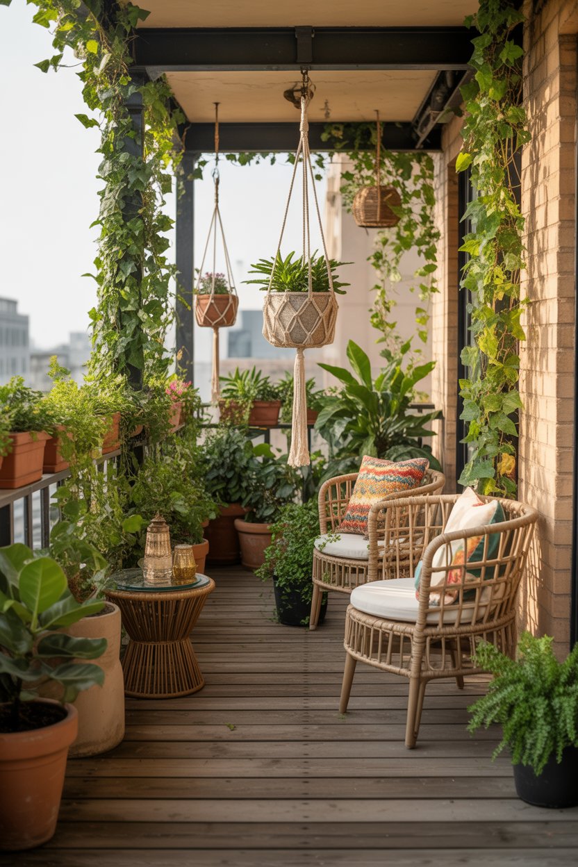 Balcony filled with lush greenery for boho spring vibe