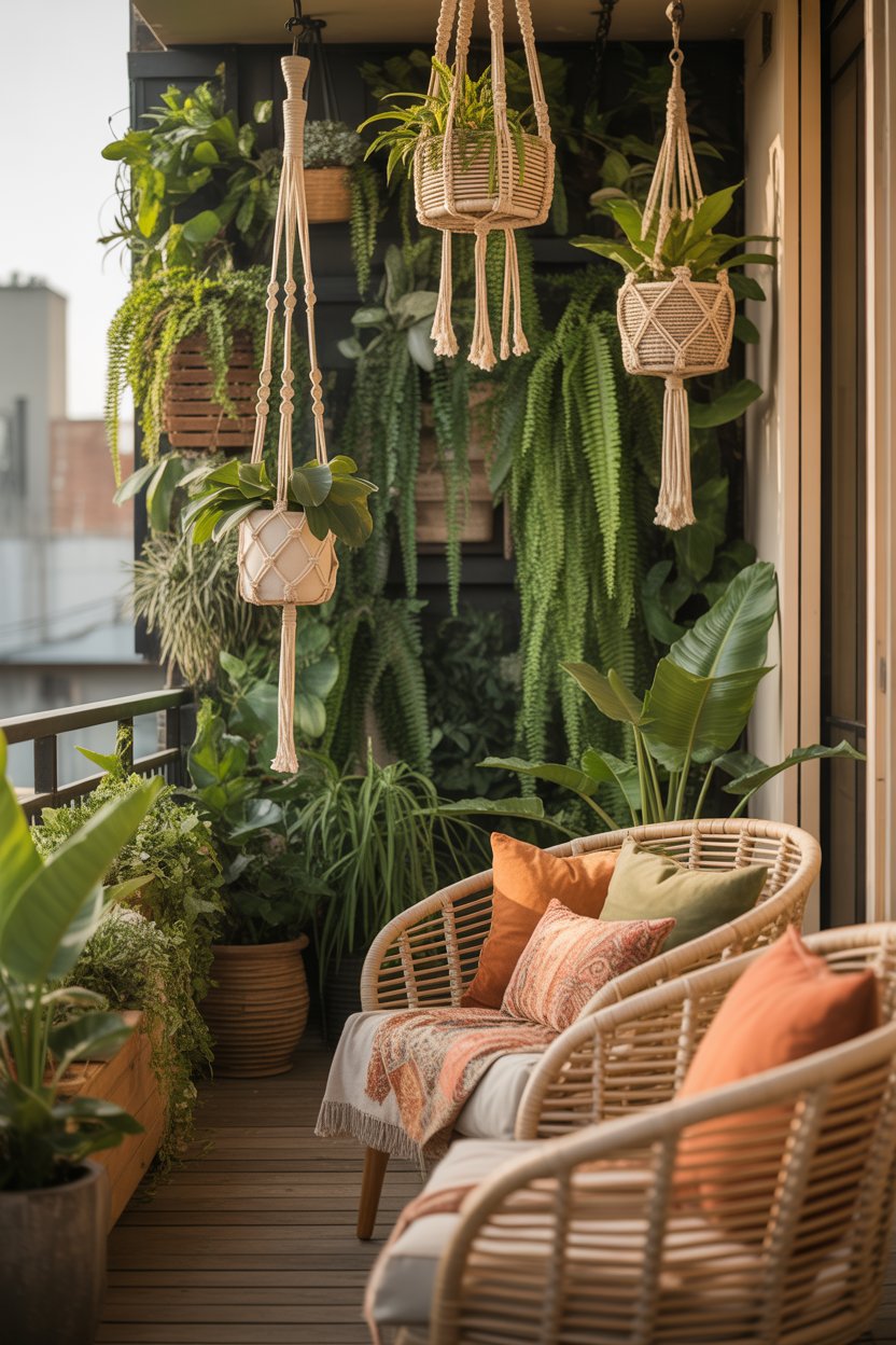 Vertical greenery on boho balcony creating lush look
