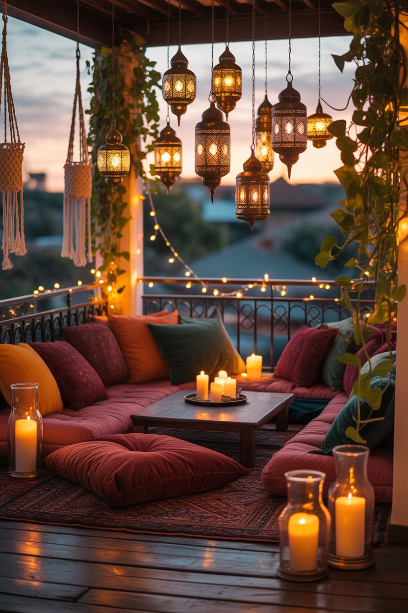 Boho balcony with warm lantern and candle lighting