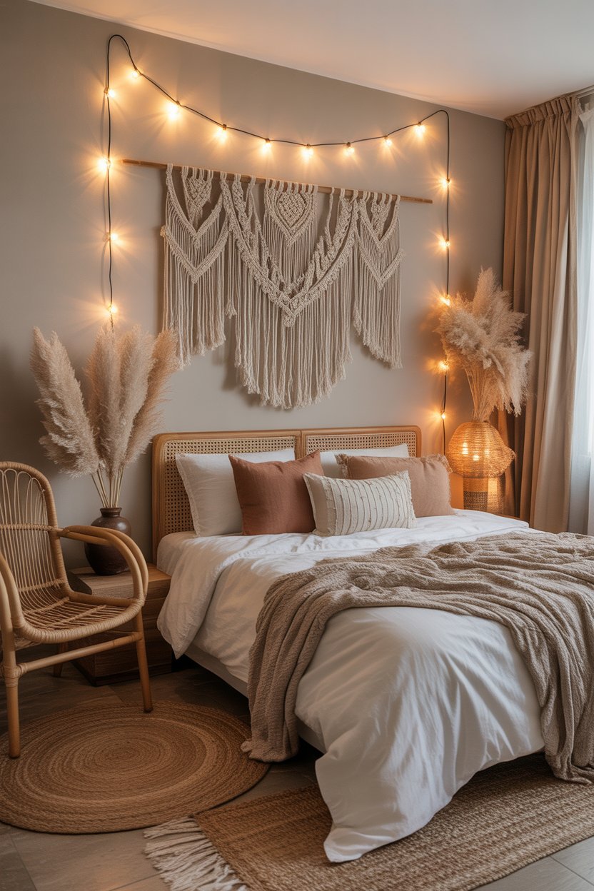 Boho dreamy guest bedroom with macrame wall art, rattan chair, and layered earthy rugs