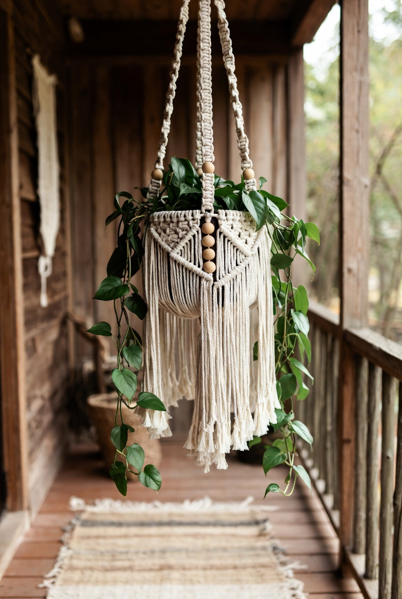 Boho macrame hanging plant on the porch
