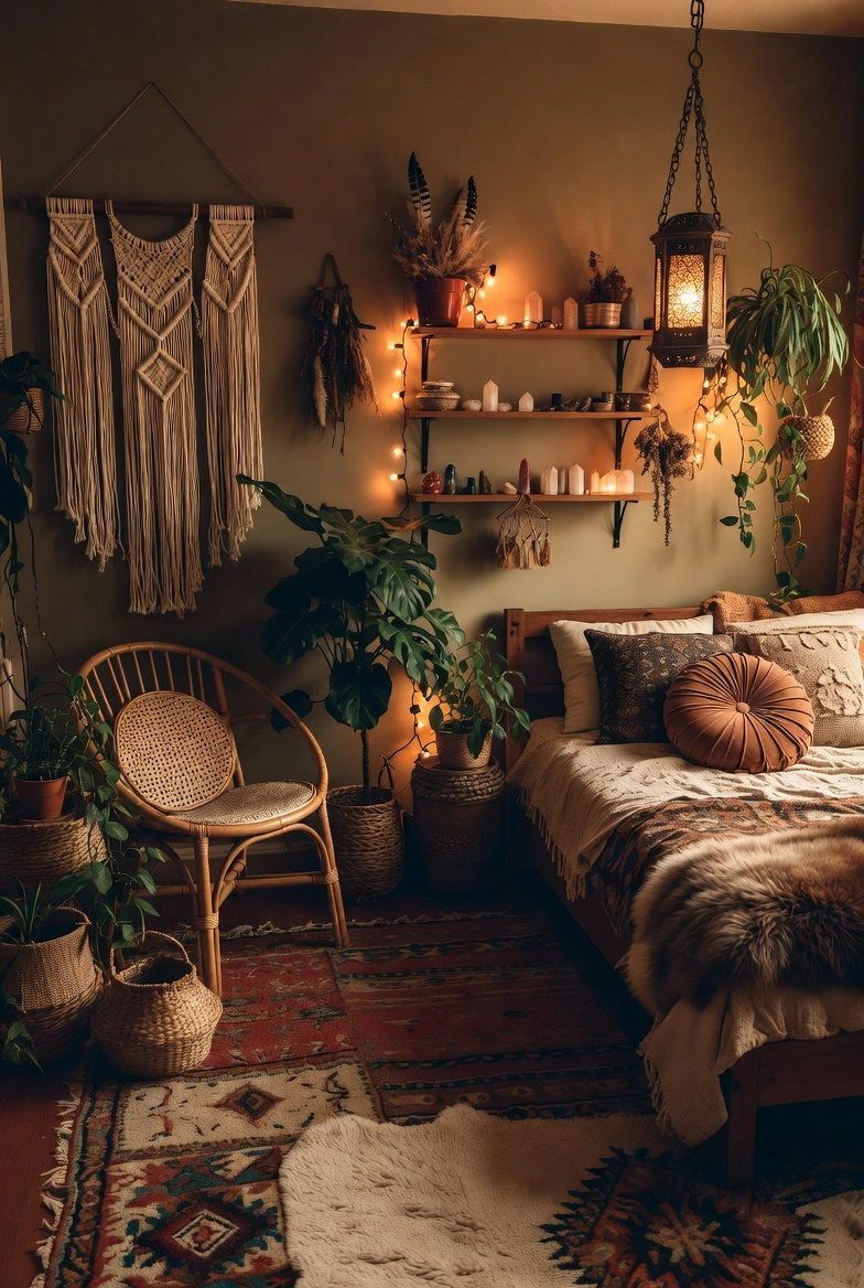 Boho witchy bedroom with plants and macrame decor