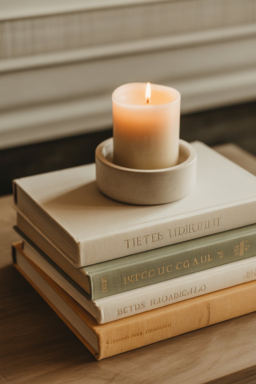 Neutral books stacked with candle styling on minimal Easter mantel