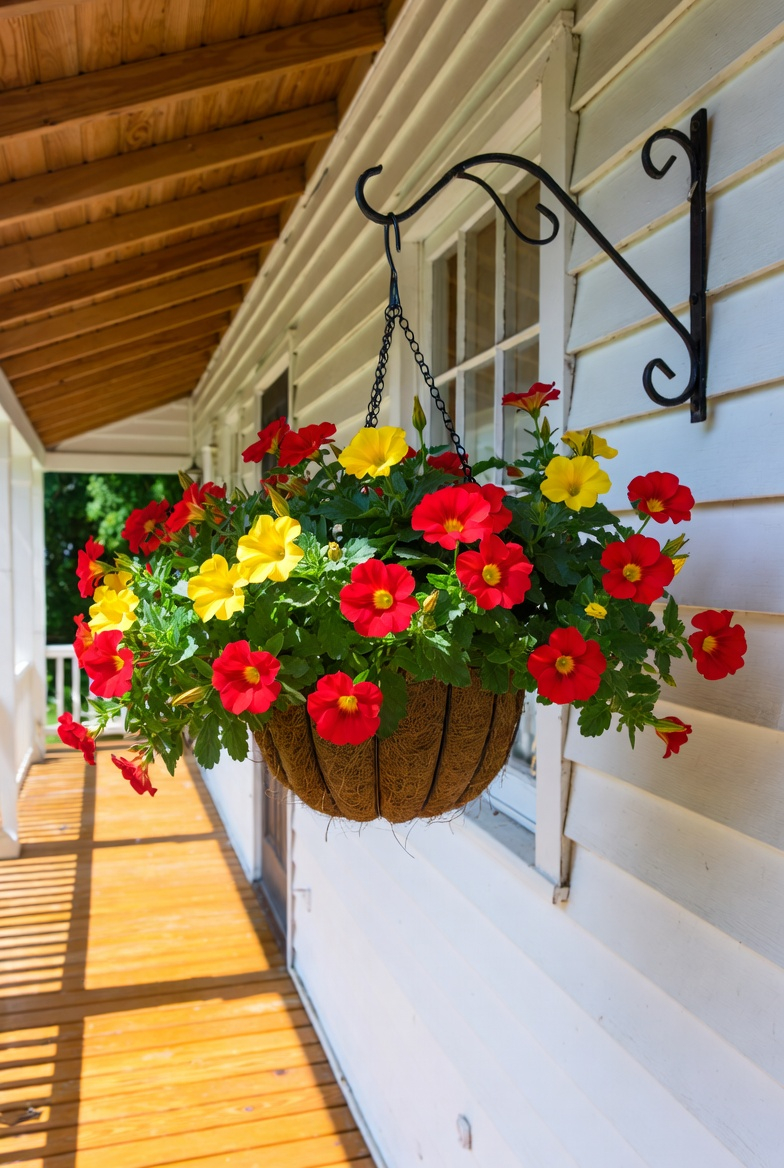Bright summer flower hanging basket on the porch