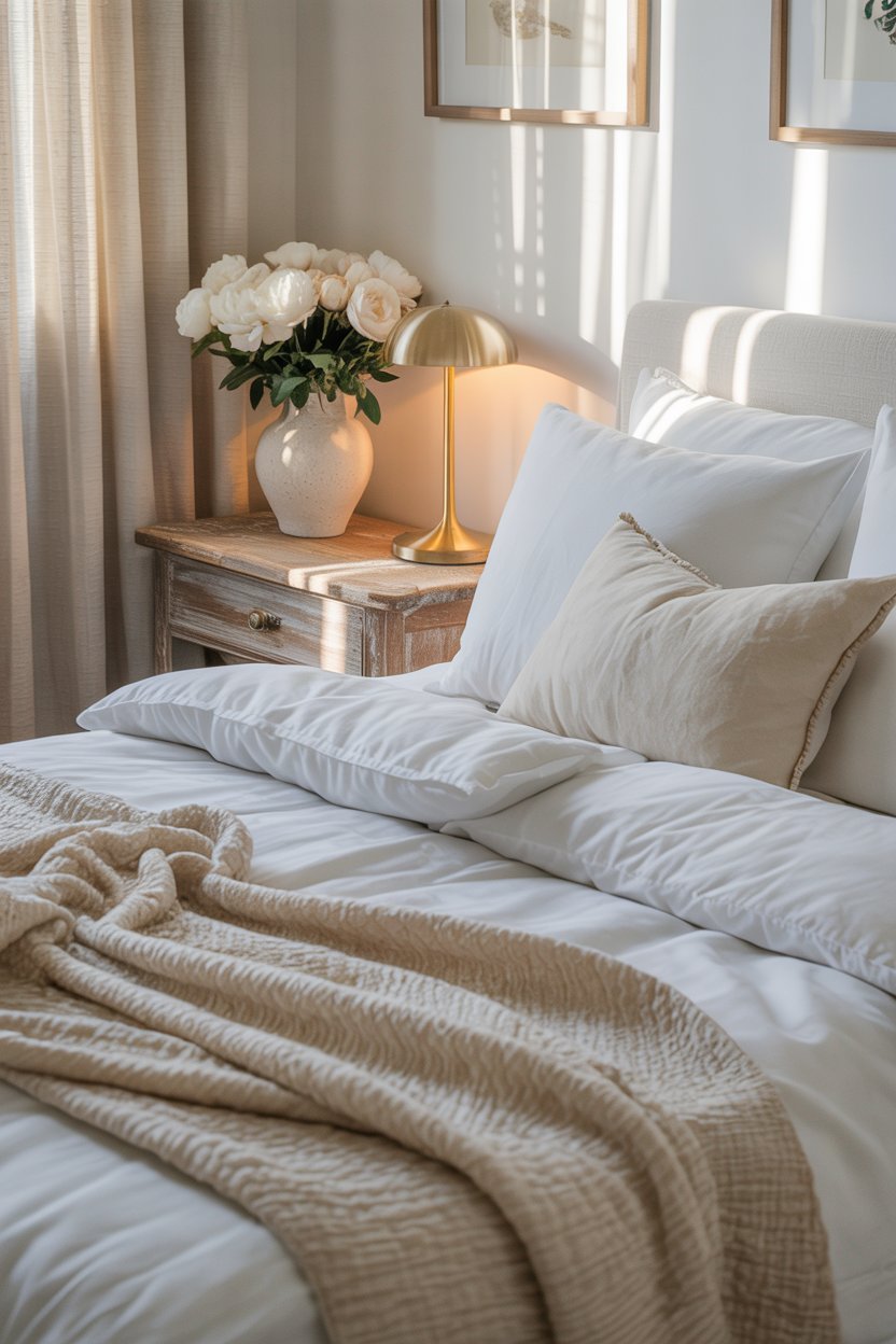 Budget-friendly luxury guest bedroom with white hotel bedding, fresh flowers, and elegant styling