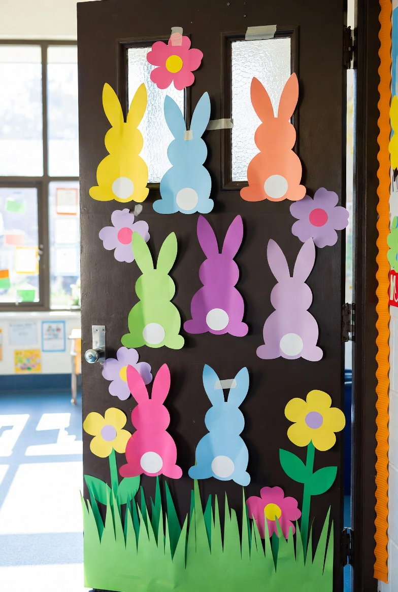 classroom door decorated with bunnies, flowers, and carrots