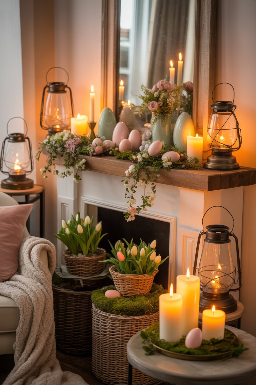 soft lighting Easter decor with candles and lanterns