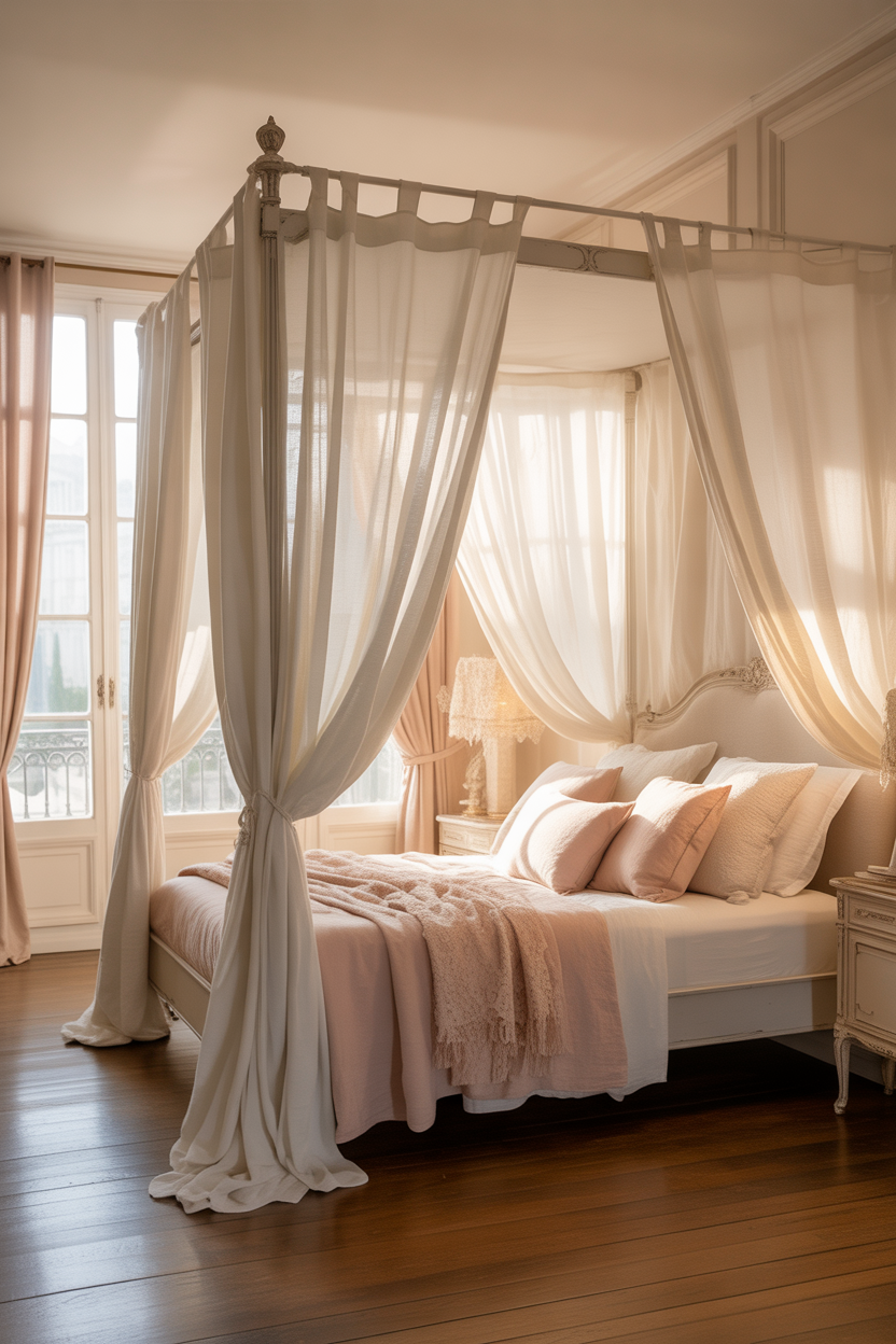 light canopy bed in French country bedroom