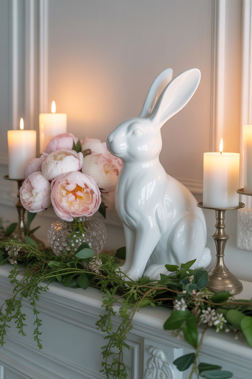 Classy Easter Mantel Decor with Bunny Figurines, Spring Flowers, and Candles – French Style