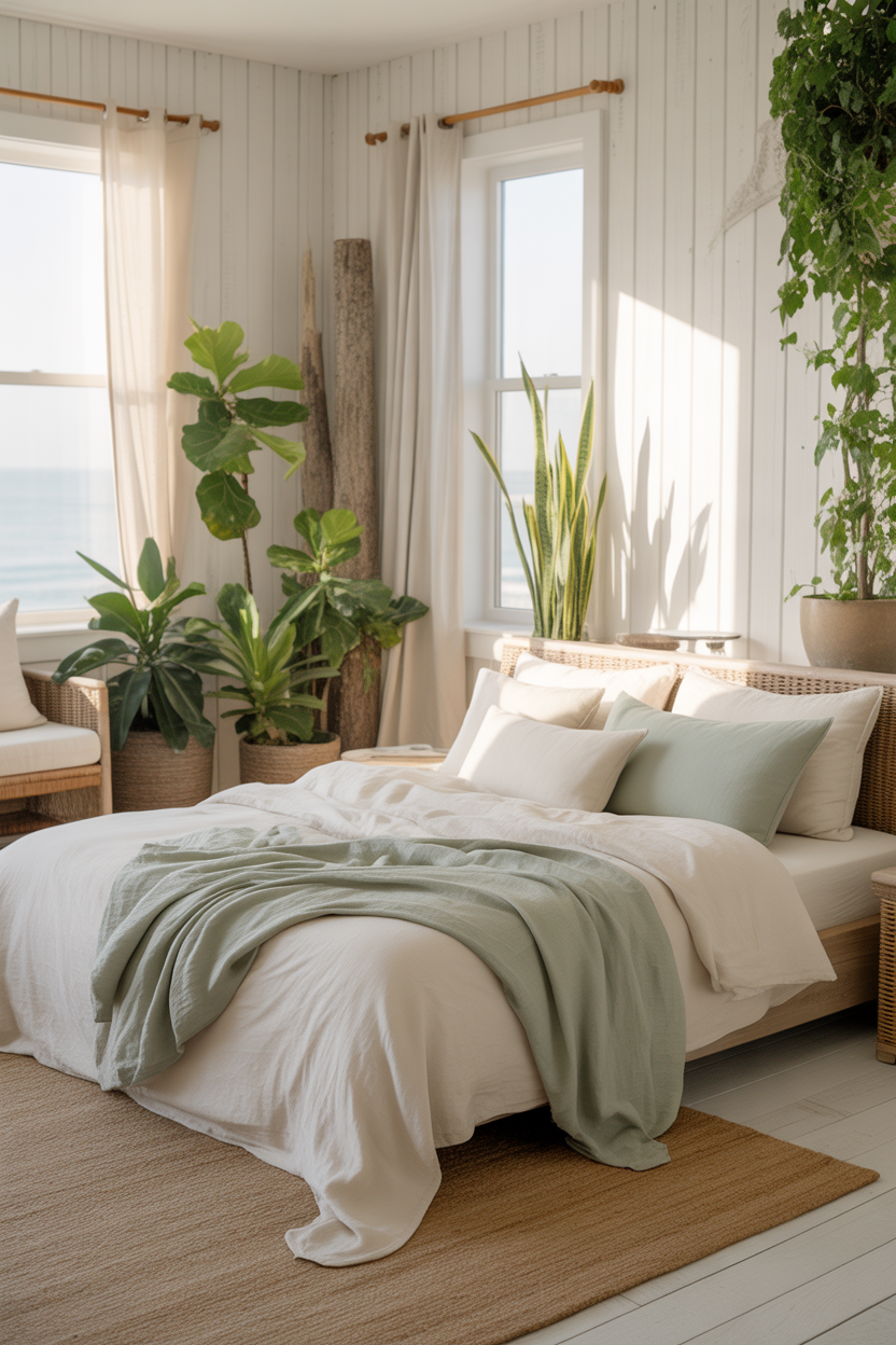 Indoor plants in a coastal bedroom for fresh decor