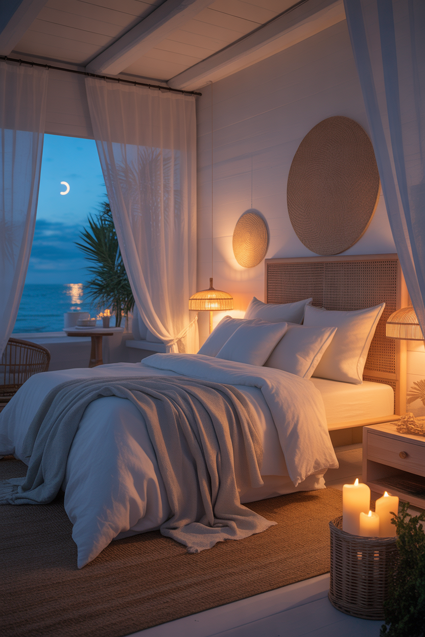 A dreamy coastal cottage bedroom at night with soft warm lighting, white linen bedding, sheer curtains, and natural textures creating a calm, cozy, and relaxing atmosphere.