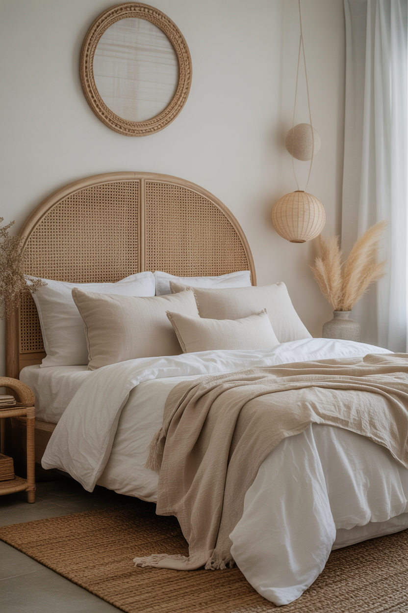 Rattan headboard in a coastal cottage bedroom