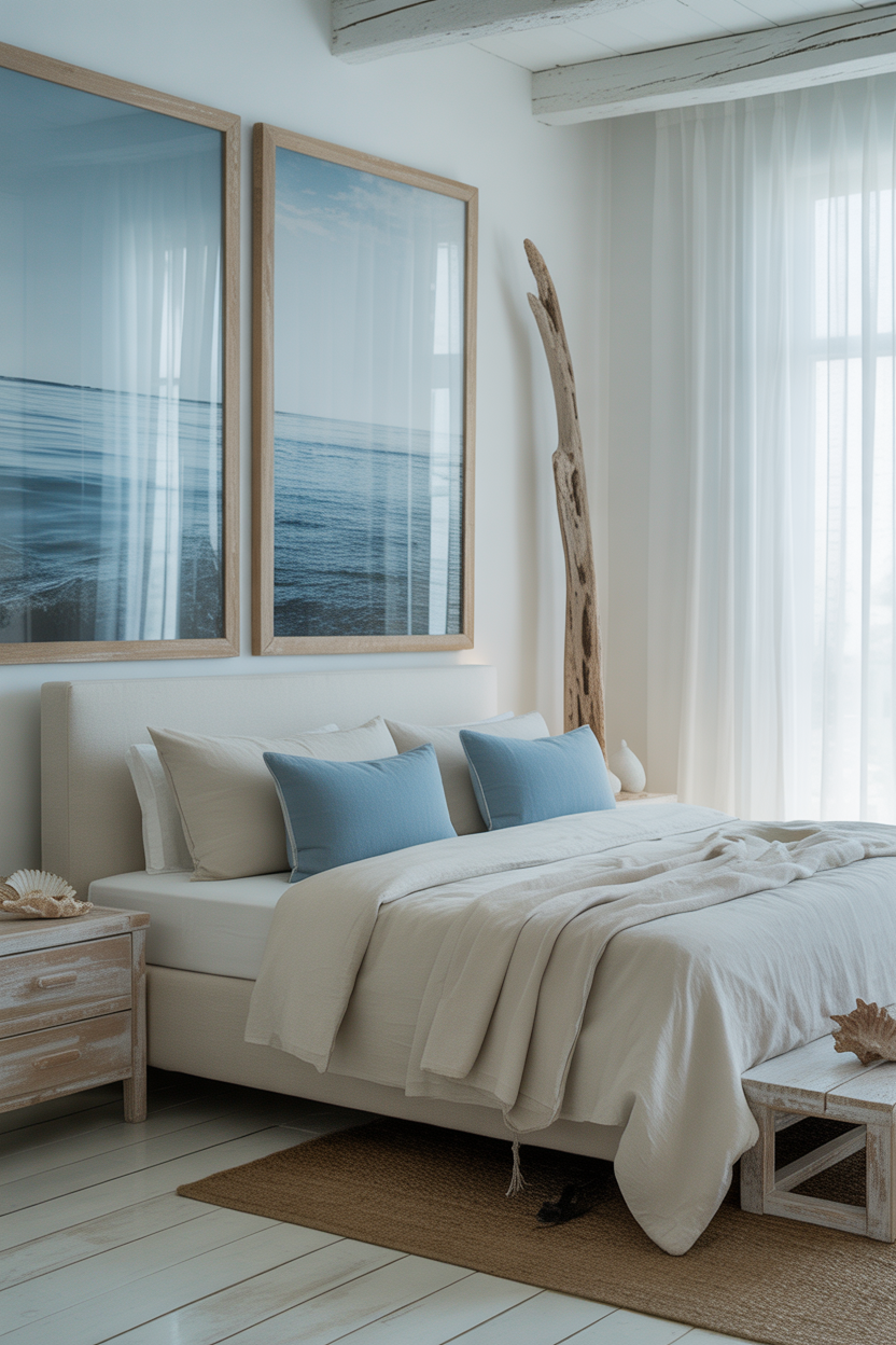 Coastal bedroom wall art with ocean-inspired prints