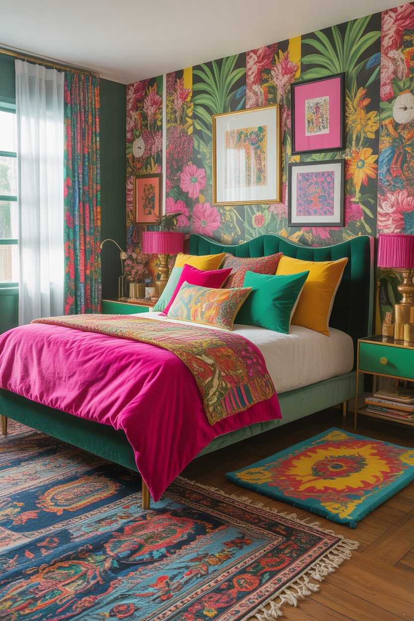 Colorful maximalist guest bedroom with bold mixed patterns, eclectic decor, and vibrant gallery wall art