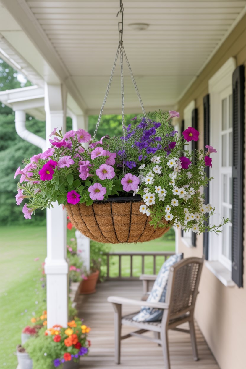 Colorful mixed flower hanging basket on a front porch