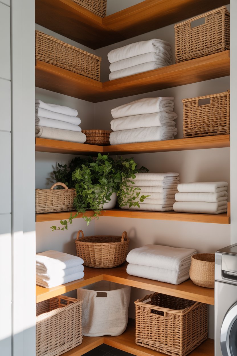 Compact laundry room corner with wooden corner shelves holding baskets and folded towels.
