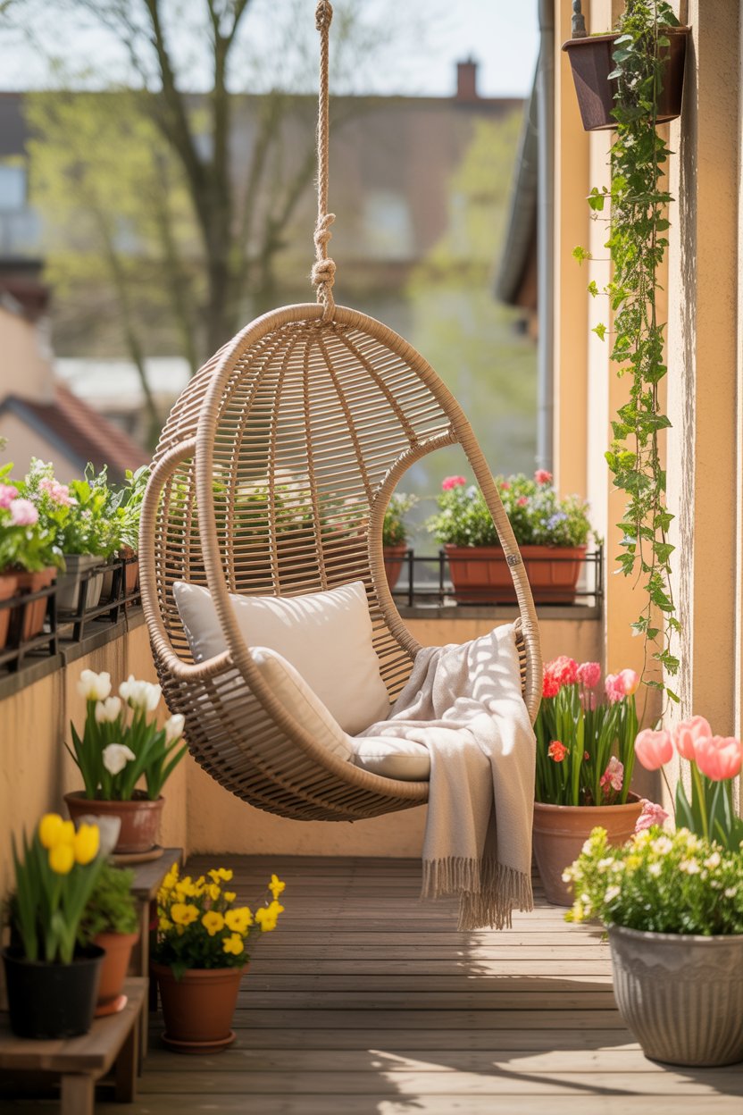 Cozy balcony with hanging egg chair and spring decor
