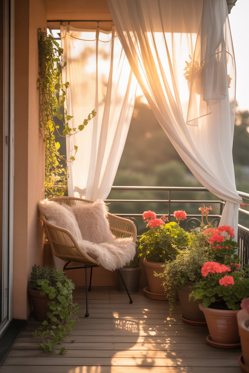 Balcony with flowing white curtains and cozy seating for spring