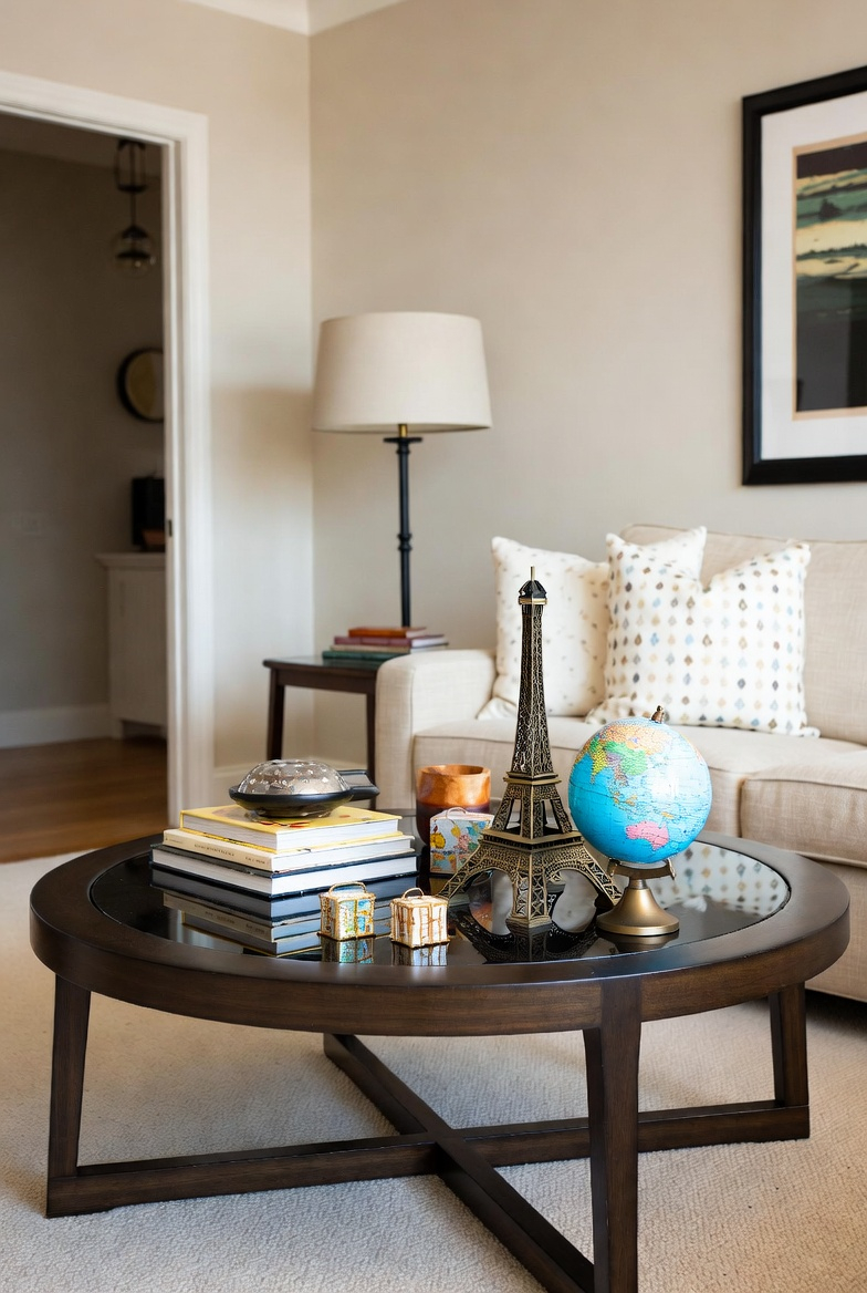 Personal collectibles on a round coffee table