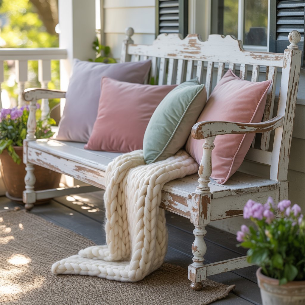 Cozy farmhouse porch seating with soft spring blanket and pastel pillows.