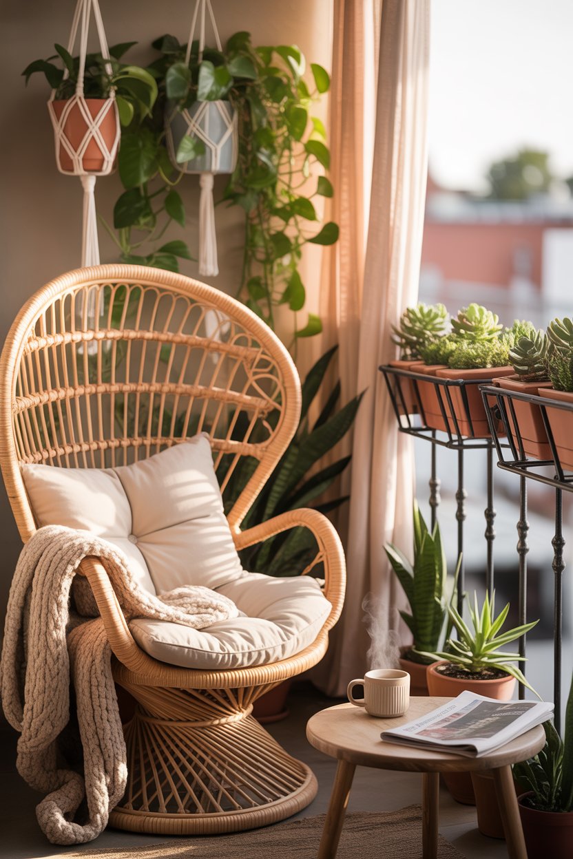 Boho balcony with rattan chair and cozy throw for a small space