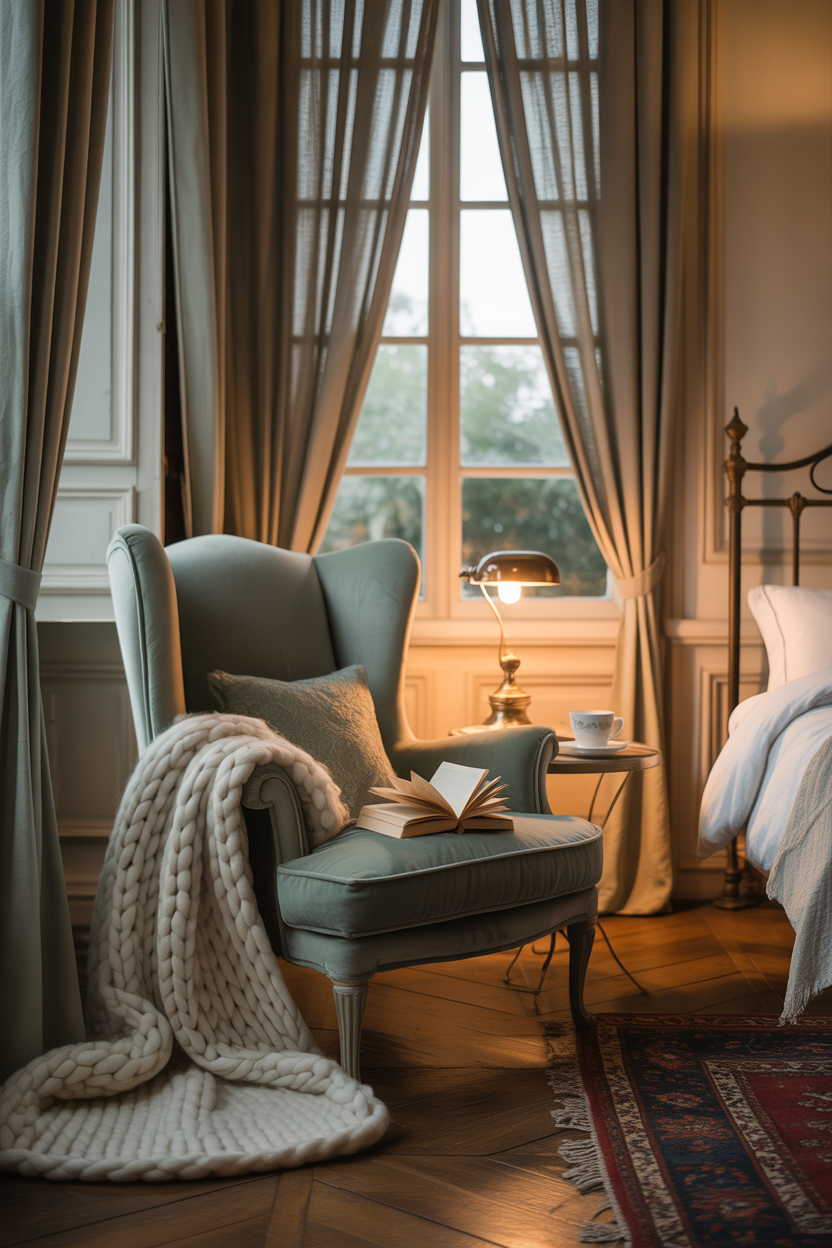 cozy reading nook in French country bedroom