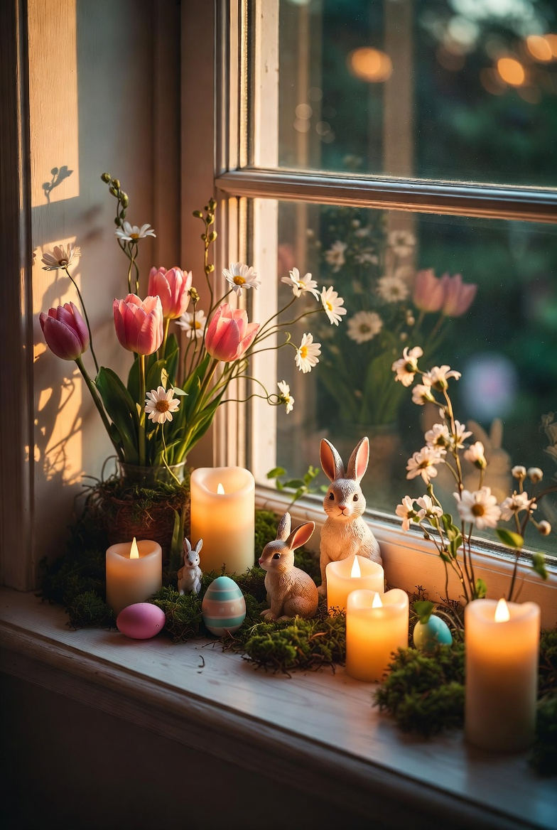 Cozy Easter window decor with candles and bunny figurines