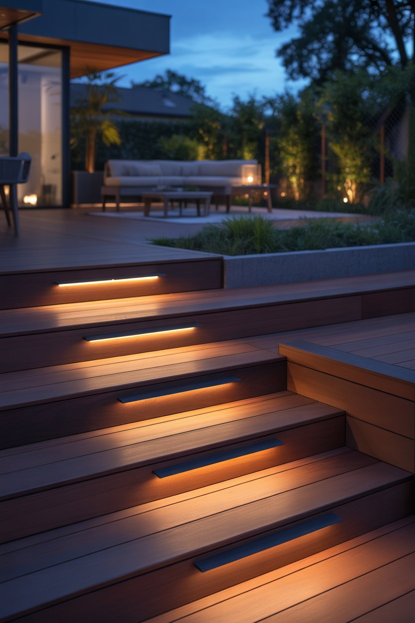 Wooden deck with LED step lights glowing warmly at night