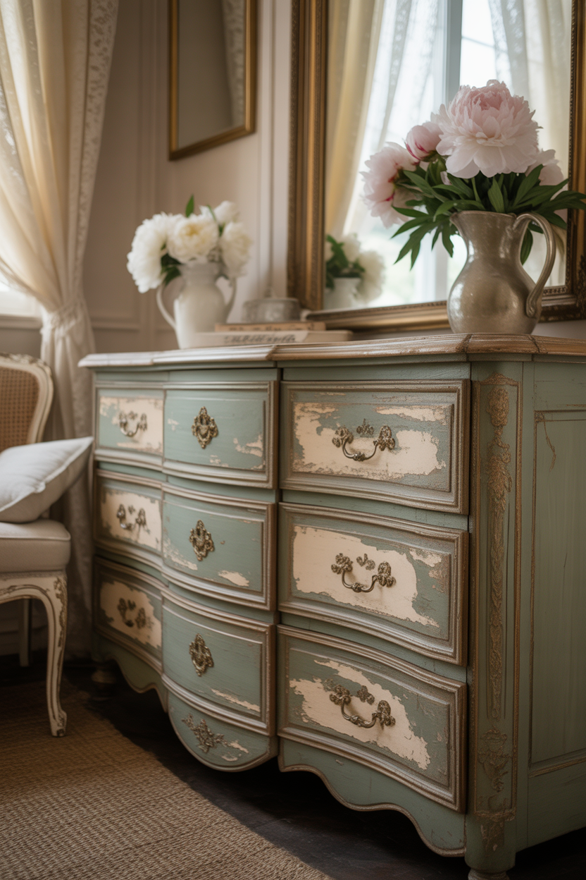 : distressed dresser in French country cottage bedroom