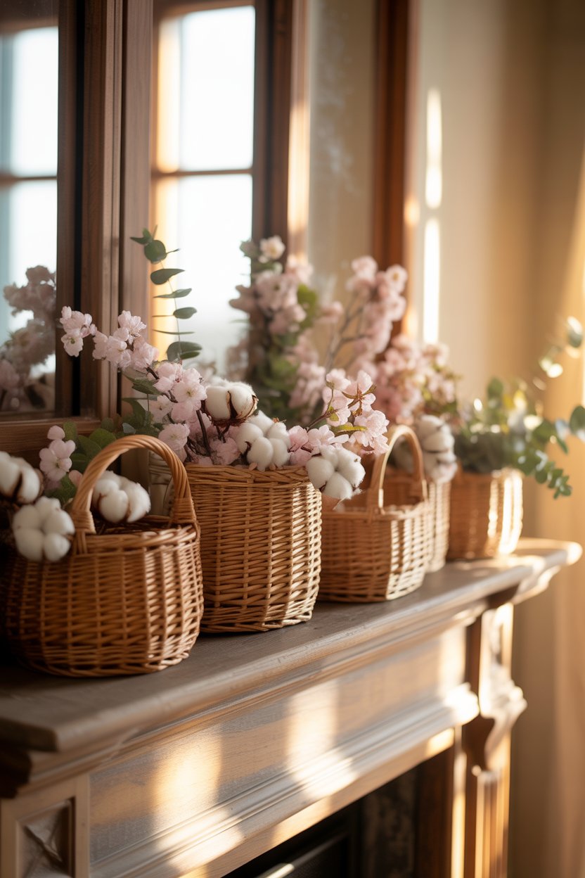 Basket decor on the mantel